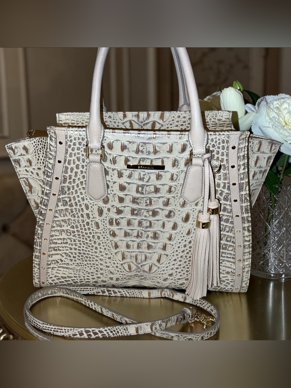 Brahmin Leather Luxurious Priscilla Satchel, Silver Birch Birchside